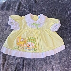 Vtg 1960s 3/6mo Cradle Togs Yellow Baby Dress Embroidered Applique Chicken Lace
